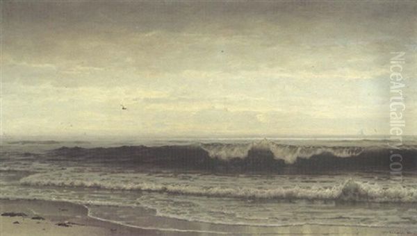 Waves Breaking On A Beach On A Cloudy Day With Sailboats In The Distance Oil Painting by William Trost Richards