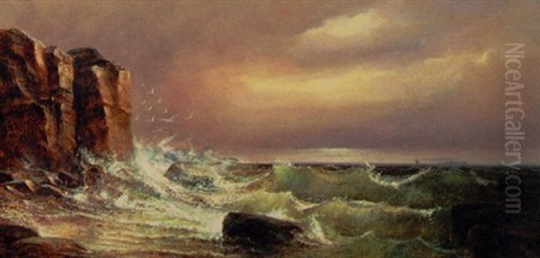 Rough Point, Rhode Island, Day Break, Steamer In Distance - Near The Site Of Marjorie Mariwether Post Home Oil Painting by William Trost Richards