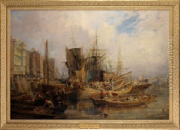 Fish Boats At Newcastle Quay Oil Painting by Thomas Miles Richardson the Elder