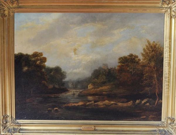 Ovingham - A View Along The Riverbank Towards The Village And Its Church Oil Painting by Thomas Miles Richardson the Elder