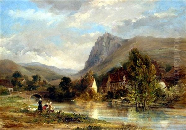 Washing On The River Oil Painting by Thomas Miles Richardson the Elder