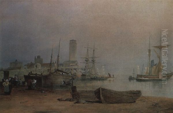 North Shields, Boats Anchored Near The Low Light Oil Painting by Thomas Miles Richardson the Elder