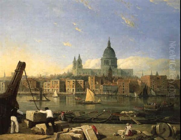 Vue De La Cathedrale Saint Paul De L'autre Cote De La Tamise Oil Painting by Thomas Miles Richardson the Elder