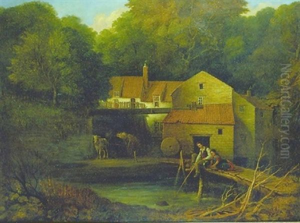 Fishing At The Bridge Oil Painting by Thomas Miles Richardson the Younger