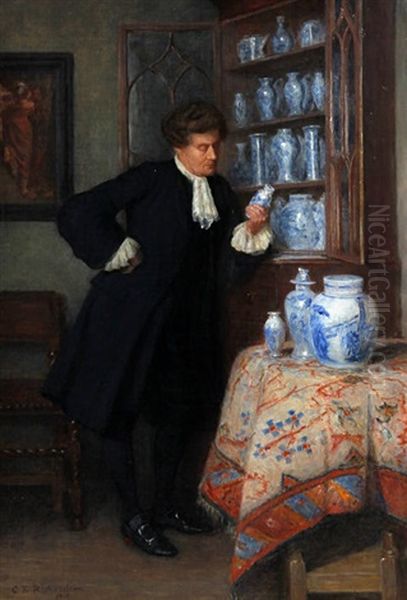 A Collector Before His Cabinet Of Chinese And Delft Blue And White Porcelain Oil Painting by Charles Edward Richardson