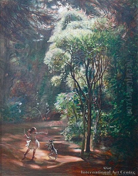 Girl Skipping Through Forest Oil Painting by Harry Linley Richardson