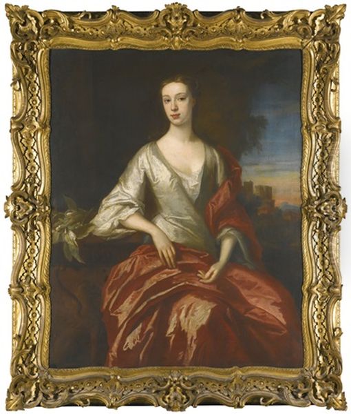 Portrait Of Lady Lucy Ridgeway, Countess Of Donegal, A Castle Beyond Oil Painting by Jonathan Richardson