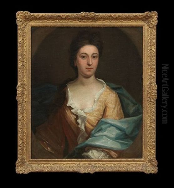 Portrait Of A Lady, Half-length, In A Yellow Dress, Within A Painted Oval Oil Painting by Jonathan Richardson