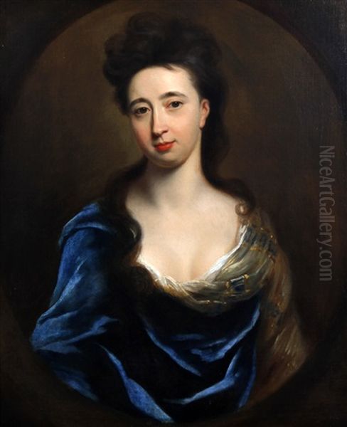 A Portrait Of A Lady Wearing Blue Shawl And Yellow Patterned Dress, Her Hair Over Her Shoulders, Waist Length by Jonathan Richardson