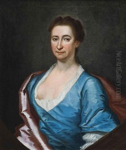 Portrait Of A Lady, In A Blue Dress And Pink Wrap Oil Painting by Jonathan Richardson