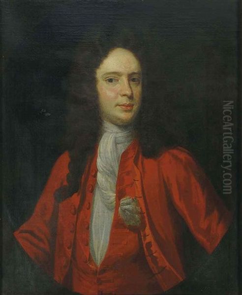 Portrait Of A Gentleman In A Red Coat And A White Cravat Oil Painting by Jonathan Richardson