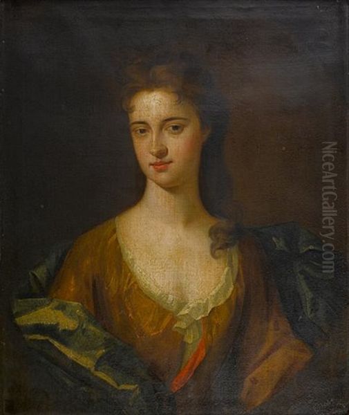 Portrait Of A Lady, Half-length, In A Brown Dress With A Blue Satin Wrap And A White Chemisel Oil Painting by Jonathan Richardson