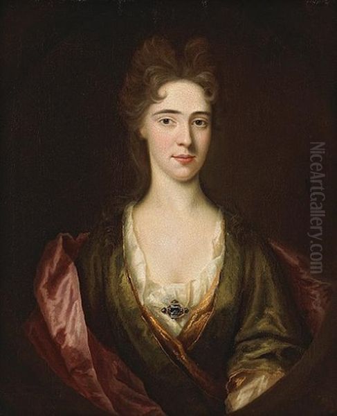 A Portrait Of A Lady, Wearing A Green Dress And Pink Wrap Oil Painting by Jonathan Richardson