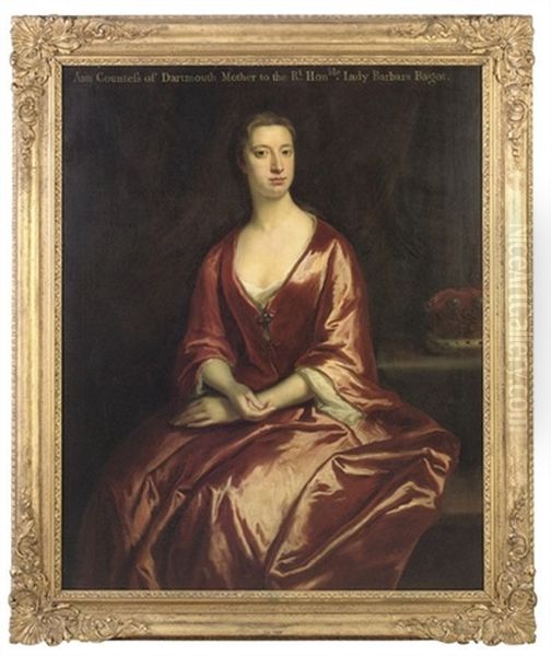 Portrait Of Ann, Countess Of Dartmouth, Seated In A Burgundy Dress, A Coronet On A Ledge At Her Side Oil Painting by Jonathan Richardson