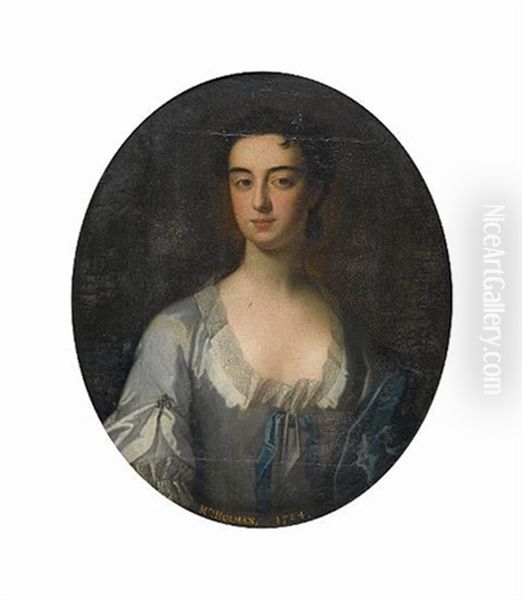 Portrait Of A Lady, Said To Be Mrs Holman, Bust-length, In A White Silk Dress And Blue Cloak Oil Painting by Jonathan Richardson