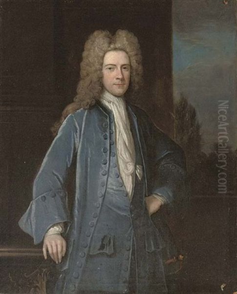 Portrait Of A Gentleman (samuel Chetham Of Turton And Castleton, Lancashire ?) In A Blue Velvet Coat And Waistcoat Oil Painting by Jonathan Richardson