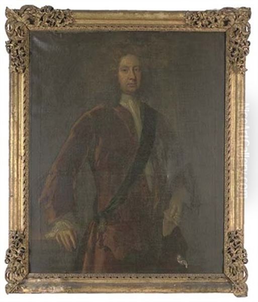 Portrait Of John Ker, 1st Duke Of Roxburghe, Three-quarter-length, In A Brown Coat Wearing A Sash Of The Order Of The Garter, Holding A Glove In His Left Hand, His Right Hand On  A Stone Pedestal Oil Painting by Jonathan Richardson