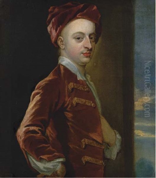 Ritratto Di Giovane Uomo, A Mezza Figura, In Giacca Di Velluto Rosso E Cappello Di Velluto Rosso Oil Painting by Jonathan Richardson