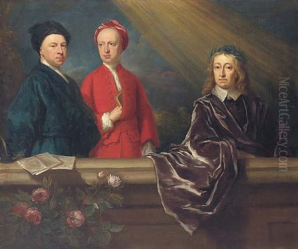 Portrait Of The Artist And His Son, Jonathan, With John Milton On A Balcony Oil Painting by Jonathan Richardson