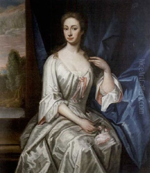 Portrait Of A Lady In A White Dress Trimmed With Pink, Holding A Pink Rose, Beneath A Blue Curtain, A Landscape Beyond Oil Painting by Jonathan Richardson