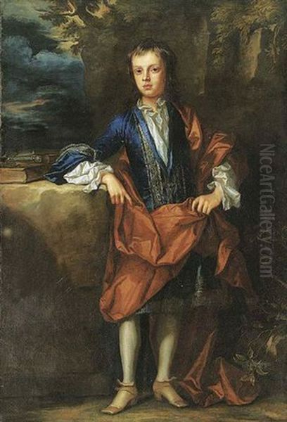 Portrait Of A Boy (the Marquess Of Blandford?) In A Blue Coat With Silver Embroidery And A White Shirt, With An Orange Wrap, Leaning On A Stone Ledge Oil Painting by Jonathan Richardson