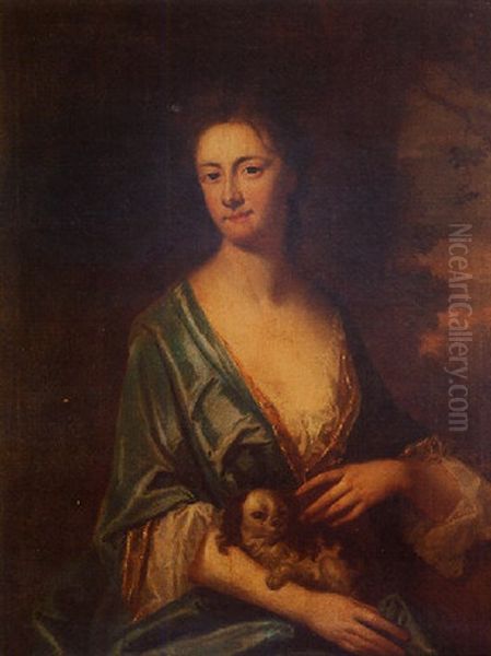 Portrait Of A Lady Wearing A White Chemise And A Blue Silk Dress Trimmed With Gold, Holding A Spaniel, In A Landscape Oil Painting by Jonathan Richardson