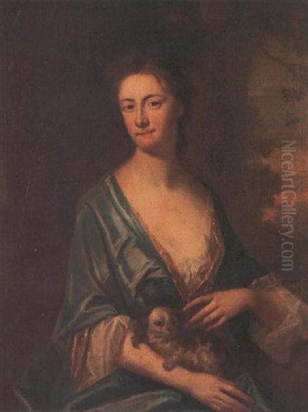 Portrait Of A Lady Wearing A White Chemise And A Blue Silk Dress Trimmed With Gold, Holding A Spaniel, In A Landscape Oil Painting by Jonathan Richardson