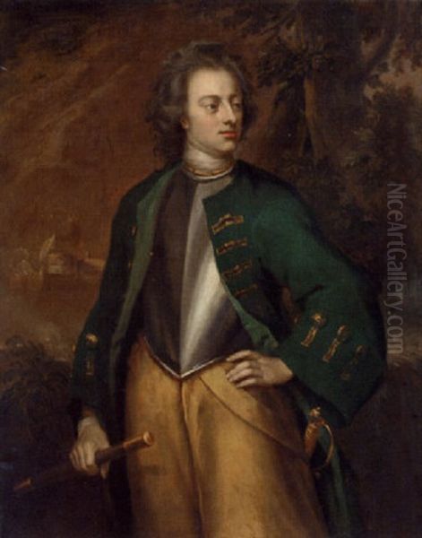 Portrait Of A Gentleman, Standing, In A Green Coat And Breastplate, A Battle Raging Beyond Oil Painting by Jonathan Richardson