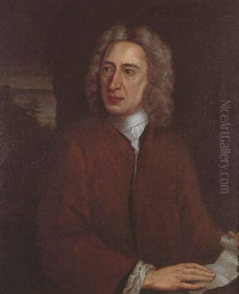 Portrait Of Alexander Pope In A Coat And White Stock Holding A Letter, Landscape Beyond by Jonathan Richardson