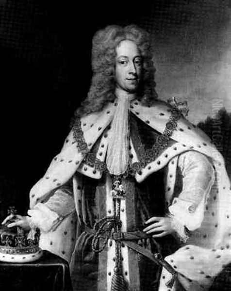 Portrait Of George Ii, Standing, Wearing The George And Ceremonial Robes Oil Painting by Jonathan Richardson