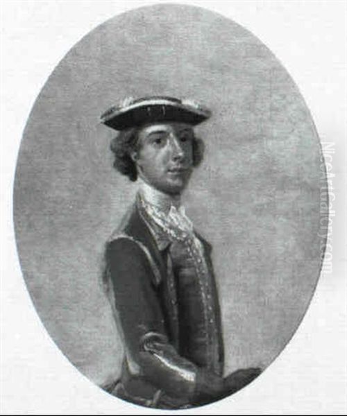 Portrait Of A Man, Half-length, Wearing A Gold Waistcoat    With Lace Trim, A Blue And Brown Cloak And A Blue Hat Oil Painting by Jonathan Richardson