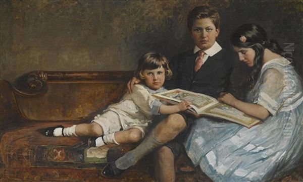 Three Children Reading Oil Painting by Mary Curtis Richardson