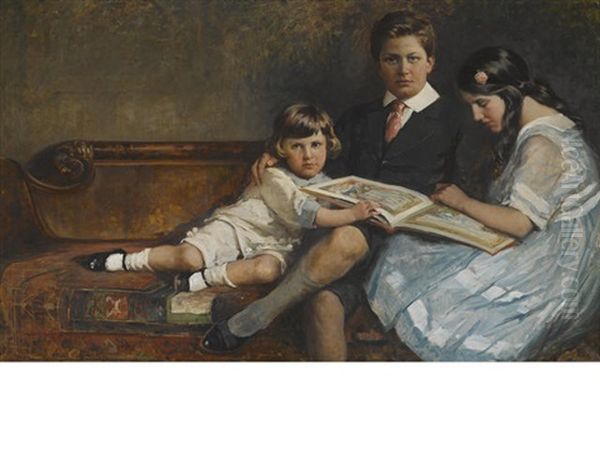 Three Children Reading Oil Painting by Mary Curtis Richardson