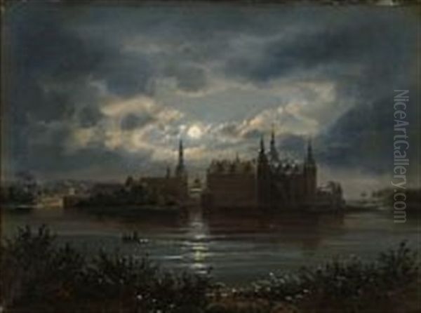 Moonlight Over Frederiksborg Castle Oil Painting by Ferdinand Richardt