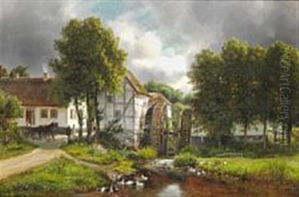 Watermill Oil Painting by Ferdinand Richardt