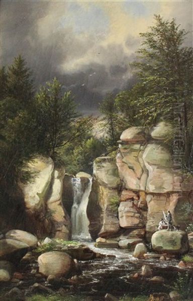 Artist With Easel By A Waterfall In The Catskills Oil Painting by Ferdinand Richardt