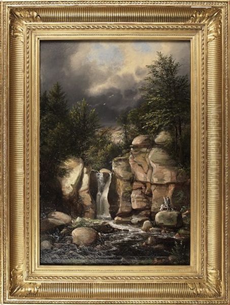 Landscape With A Waterfall And The Artist Setting Up His Easel On The Rocks Below Oil Painting by Ferdinand Richardt