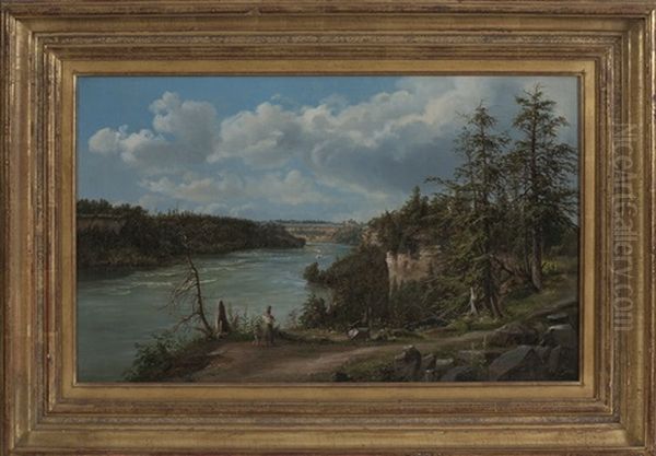 View Of The Niagara River With Steamboat And Suspension Bridge Over The Gorge Oil Painting by Ferdinand Richardt