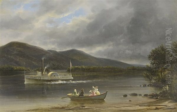 Missouri River Landscape With Figures On The Shore And In A Rowboat Waving To The Minnehaha Side-wheeler Steamer Ferry Oil Painting by Ferdinand Richardt