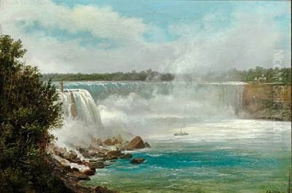 View Of Niagara Falls Seen From Prospect Point On The American Side. To The Left The Terrapin Tower Above The Fall. The Boat In The Water Is Maid Of Mist Oil Painting by Ferdinand Richardt