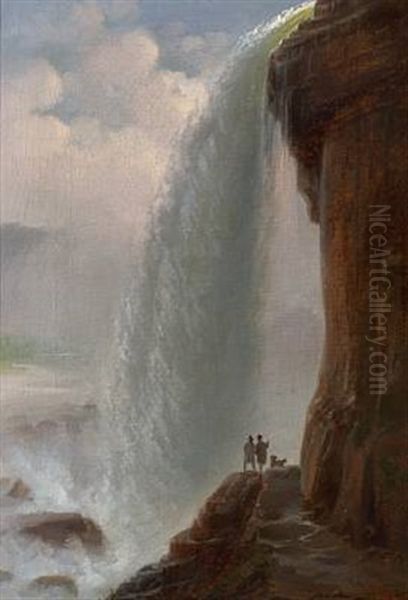 View Of Niagara Falls. In The Foreground, Two Figures With A Dog by Ferdinand Richardt