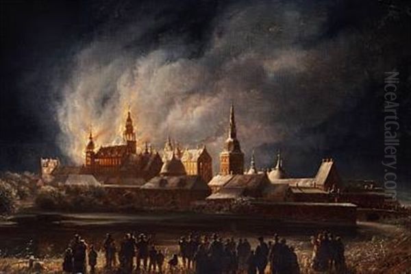 The Citizens Of The Town Of Hillerod Are Looking At The Fire That Overtakes The Castle Frederiksborg The Night Between The 17th And 18th December Oil Painting by Ferdinand Richardt