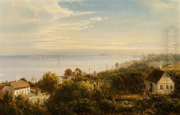 View Of The Sound From Odins Hoj (odin's Peak), In The Background Kronborg Castle And The Swedish Coast Oil Painting by Ferdinand Richardt