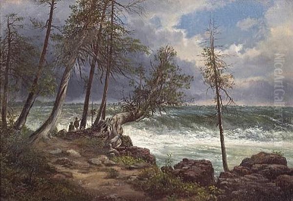 A Coastal Path And Stormy Sea Oil Painting by Ferdinand Richardt