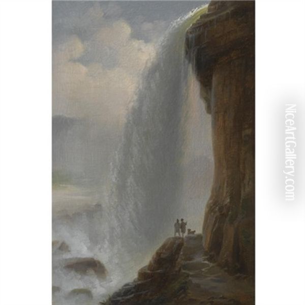 To Maend Med En Hund Ved Niagra Vandfaldet (two Men With A Dog By Niagara Falls) Oil Painting by Ferdinand Richardt