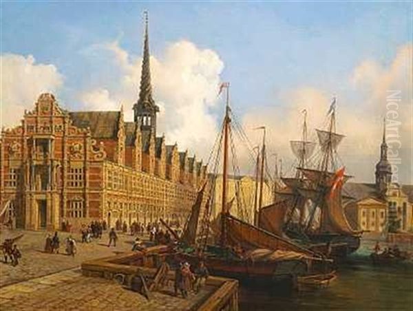 Parti Fra Borsen Med Rigt Folkeliv, I Baggrunden Det Gamle Christiansborg, Til Hojre Ses Holmens Kirke Oil Painting by Ferdinand Richardt