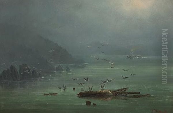 Fog Scene On The Saint Lawrence River, New York State Oil Painting by Ferdinand Richardt