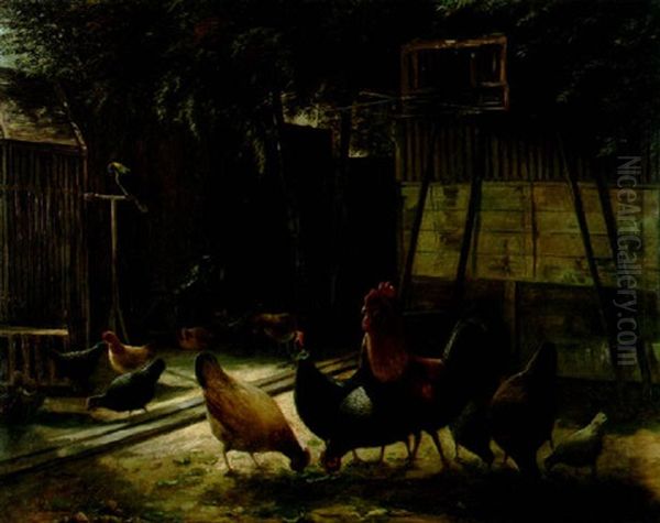 Chickens In A Barnyard Oil Painting by Ferdinand Richardt