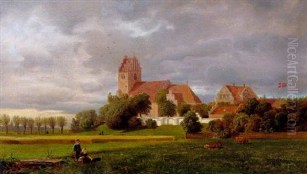 Legende Born Pa Engen Ved Vordingborg Kirke Oil Painting by Ferdinand Richardt