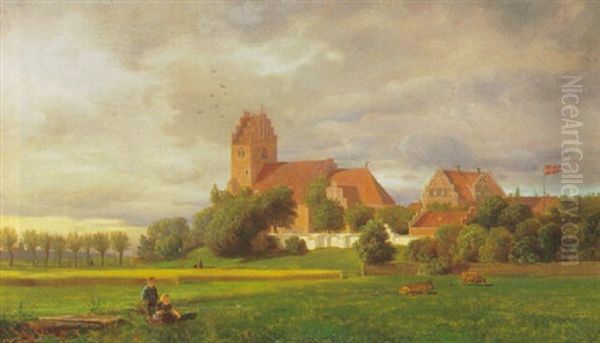 Sommerlandskab Med Kirke I Forgrunden Personer Og Dyr Oil Painting by Ferdinand Richardt